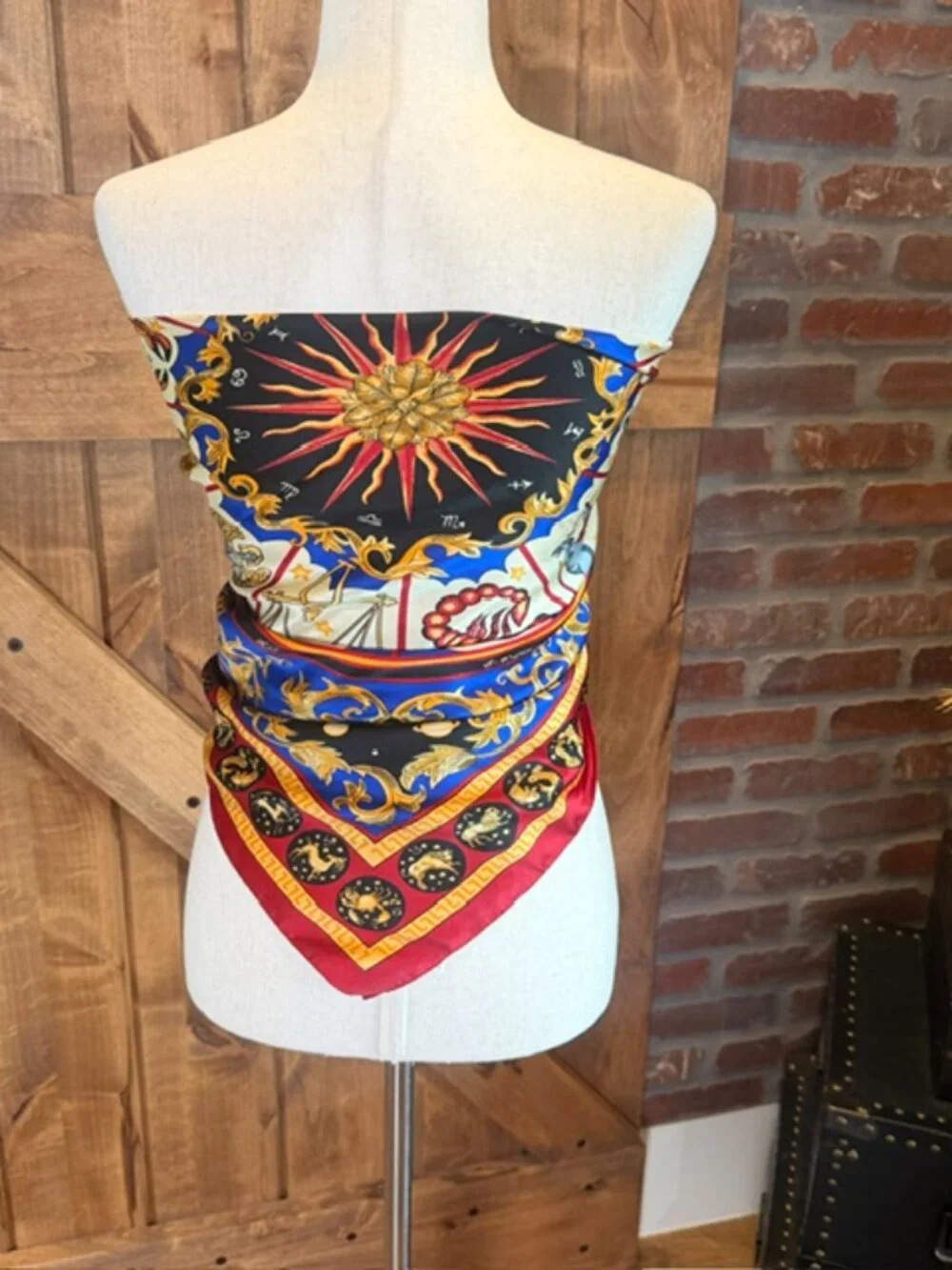 Zodiac Celestial Print Satin Square Scarf Red Blue Gold 35” Wrap Shawl Bandana